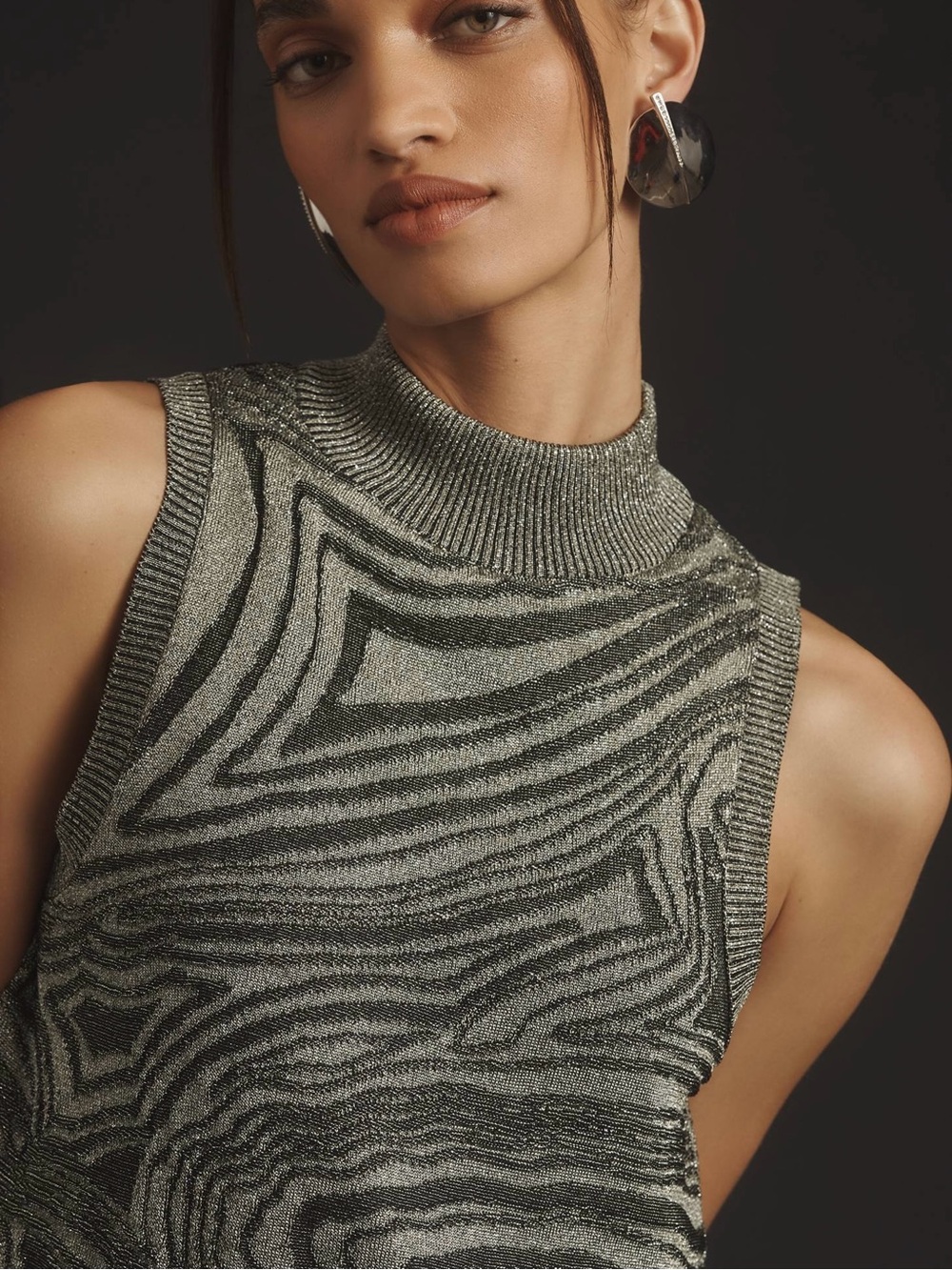 By Anthropologie Metallic Mock Neck Sleeveless Sweater Mini Dress Carbon S - Picture 3 of 12